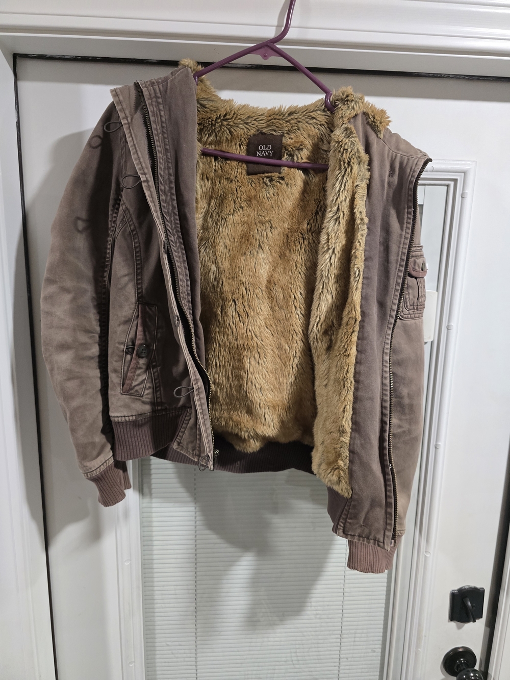 Y2K Vintage Old Navy Brown Hooded Zip-Up Puffer Jacket with Tan Faux-Fur Lining